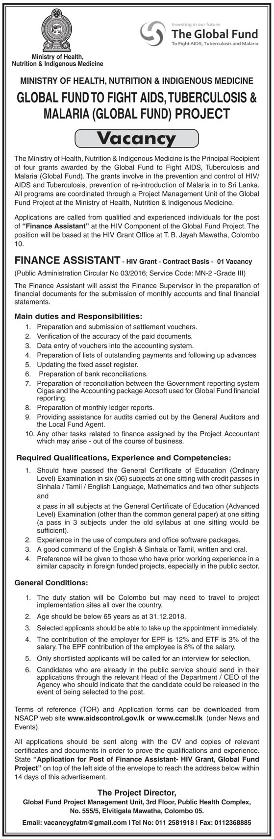 Finance Assistant - Ministry of Health, Nutrition & Indigenous Medicine